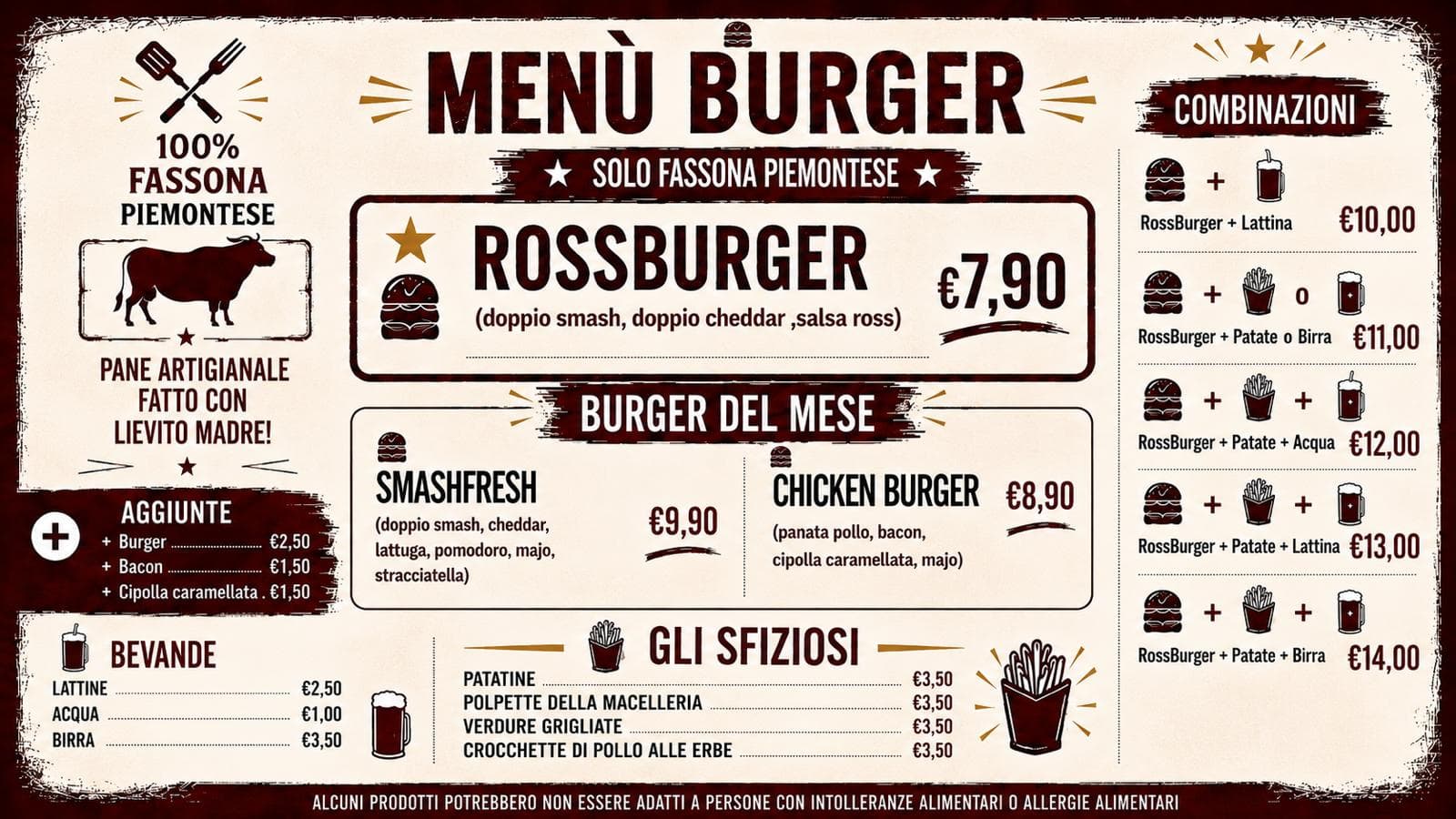 Menù completo Ross Burger — giugno 2026, smash burger di Fassona Piemontese